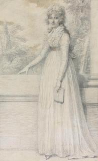 Richard Cosway, R.A. - Portrait of Mrs John Drummond, née Hester Cholmondeley, small full-length, in a white dress with frilled trim and sash, a book in her left hand