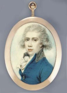 Richard Cosway, R.A. - Sir William Twysden, 7th Bt. (1760-1834), facing right in blue coat with silver buttons and silver collar, white waistcoat and frilled cravat, powdered hair