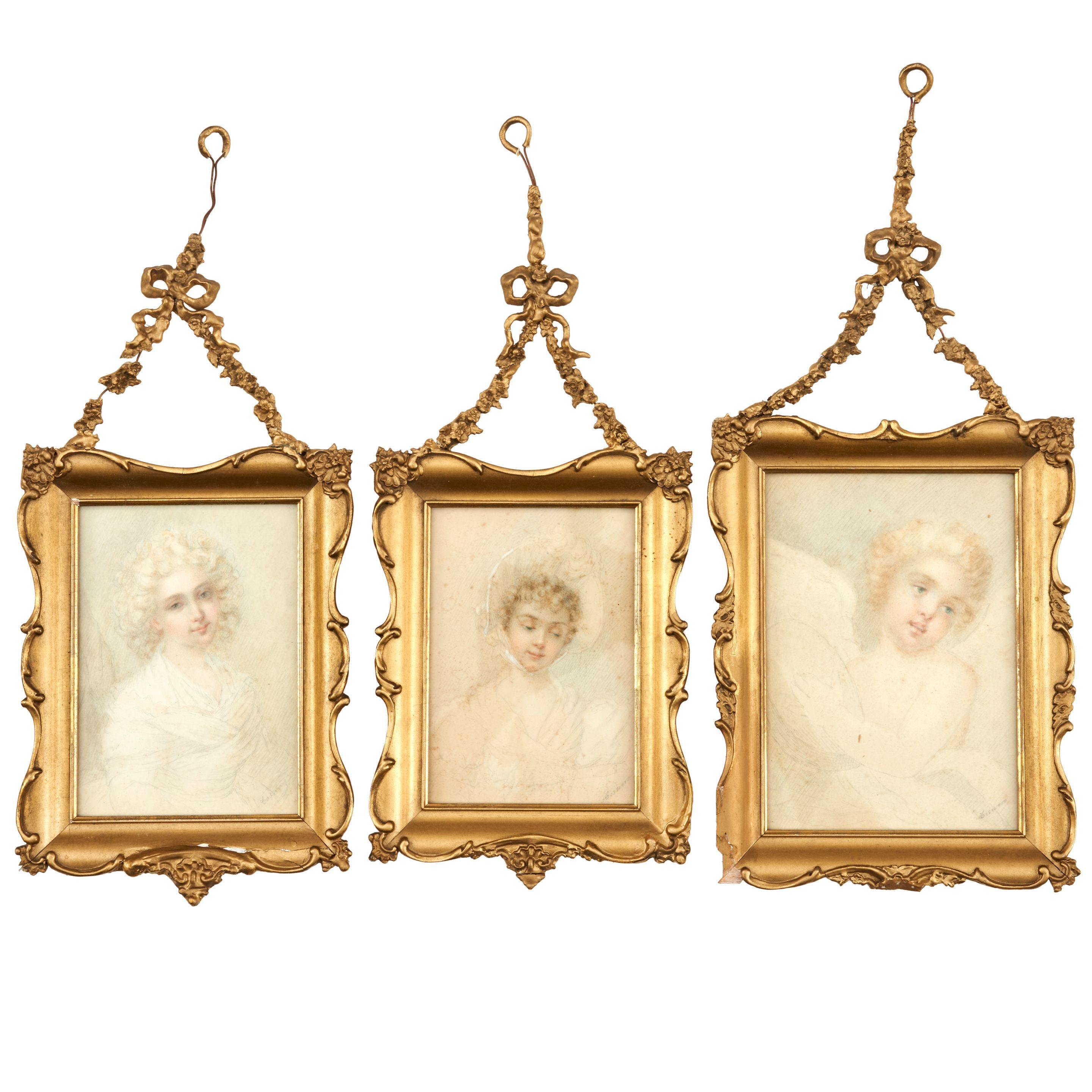 Richard Cosway RA - Set of Three Portraits: A Lady in a Bonnet, A Lady with Blond Curls, and A Cherub unframed up to 16.0 x 11.5 cm (6 5/16 x 4 1/2 in). framed up to 20.0 x 15.5 x 3.0 cm (7 7/8 x 6 1/8 x 1 3/16 in).