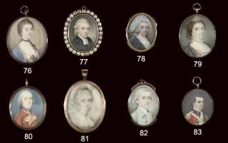 Richard Cosway - A young lady in patterned blue dress with frilled collar, a blue ribbon in her powdered hair; sky background