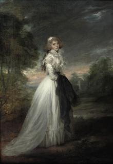Richard Cosway - Portrait of a lady, full-length, in a white dress, standing in a park landscape holding a dark robe