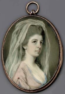 Richard Crosse - A young lady, facing right in pink-bordered pale pink dress with fichu, gauze veil falling from her upswept powdered hair