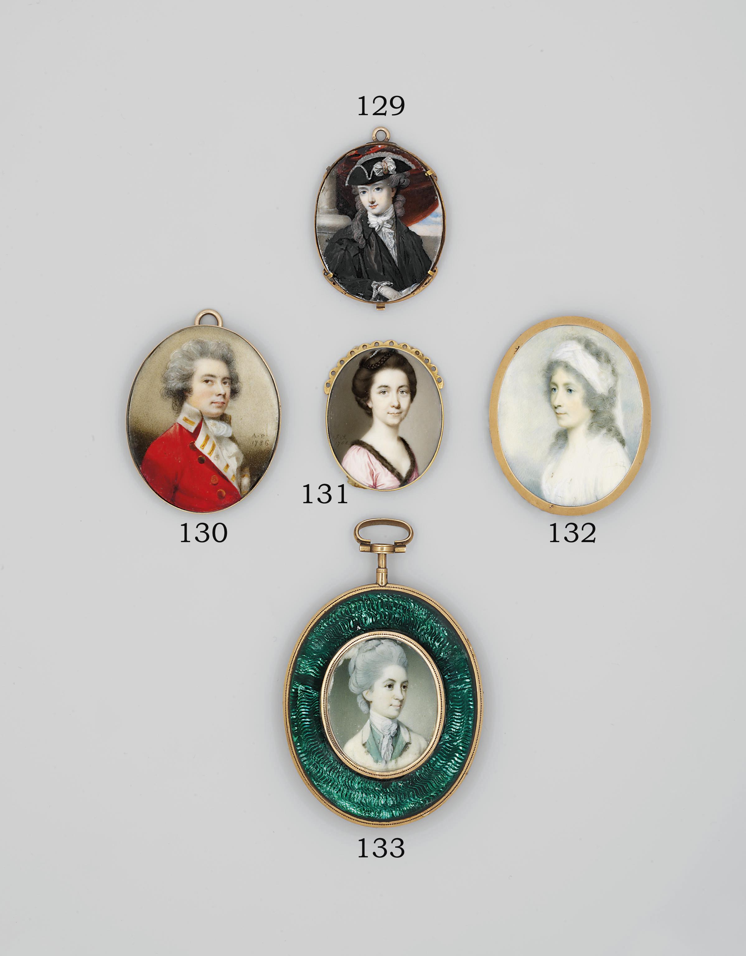 Richard Crosse - A young lady, in faded green coat and waistcoat, white cravat, her powdered hair upswept