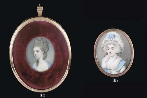 Richard Crosse - A young lady in low-cut white dress and lilac-coloured stole over her shoulders, pearls in her powdered upswept hair