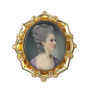 Richard Crosse - Catherine Osbaldeston, née Pennington (d. 22 December 1824), in lilac robe à l\'anglaise with white linen stomacher and scarf, powdered and padded upswept hair