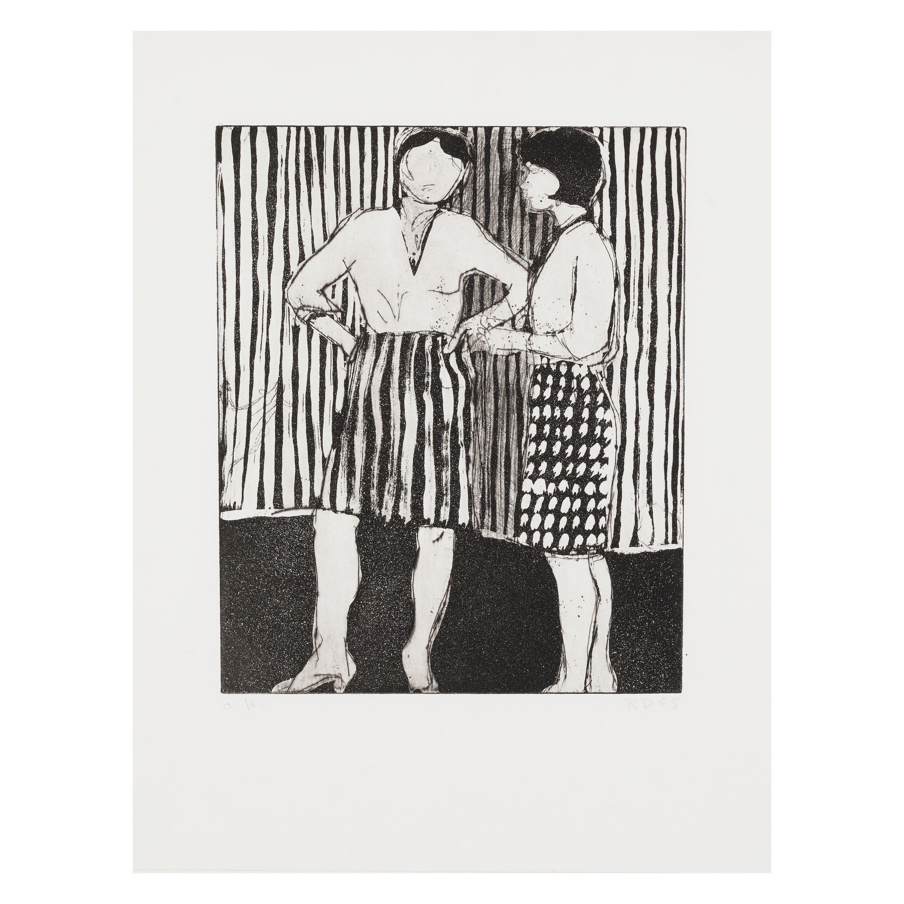 Richard Diebenkorn - Two Standing Women Wearing Dotted and Striped Skirts with Striped Background