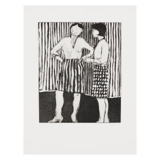 Richard Diebenkorn - Two Standing Women Wearing Dotted and Striped Skirts with Striped Background