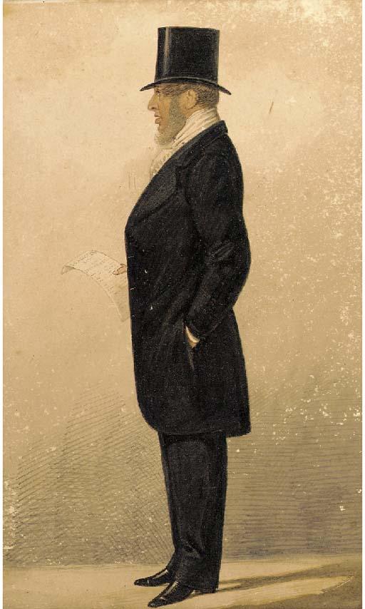 Richard Dighton - Portrait of George Hawkes, small full-length, holding a Doncaster sale catalogue held at Tattersalls