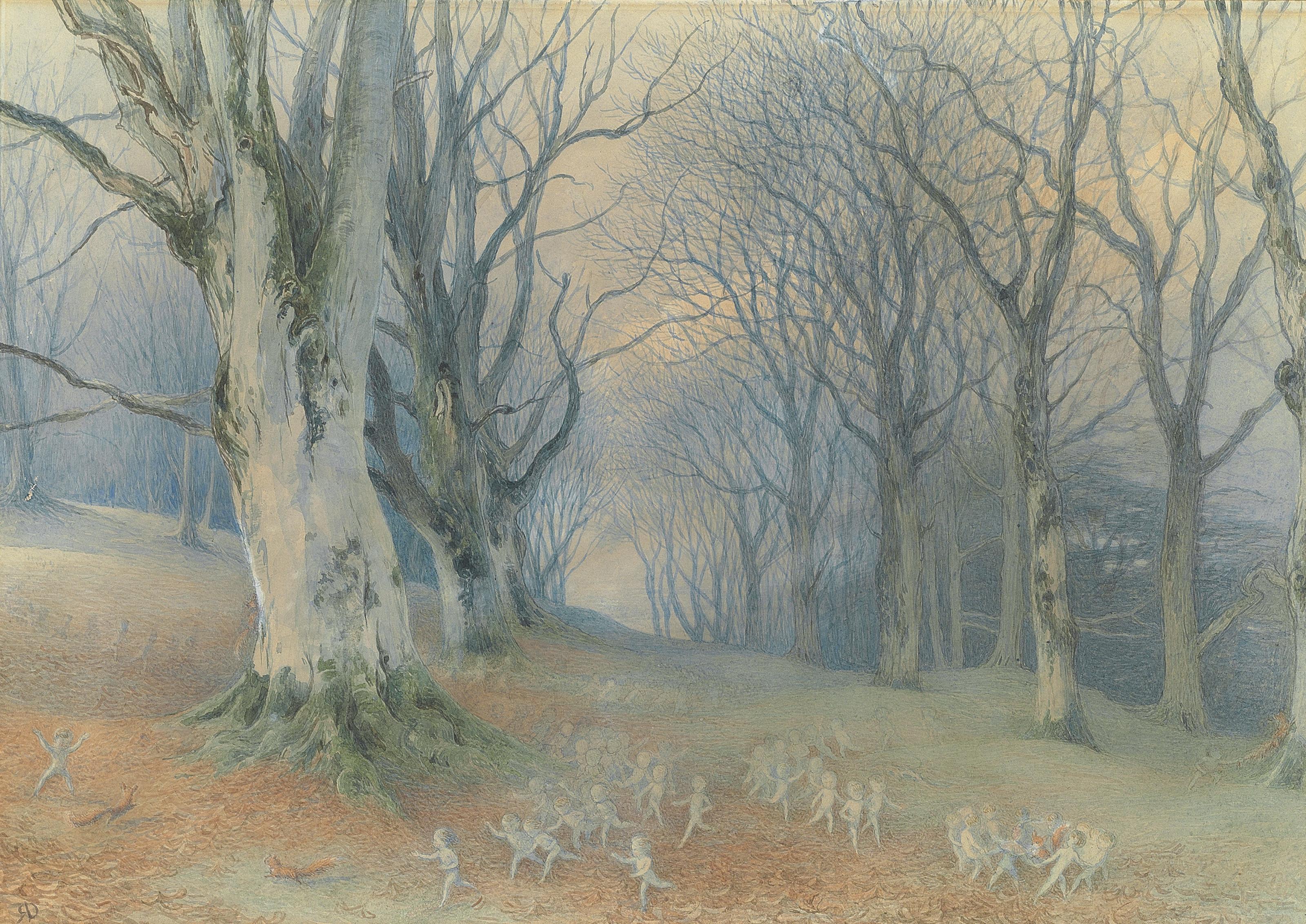 Richard Doyle - Fairies and red-squirrels in a forest