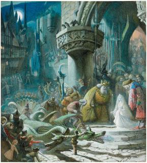 Richard Doyle - Scene from \'The Sleeping Beauty\': the Good Fairy leaving the christening of the Princess, walking to her dragon-pulled carriage