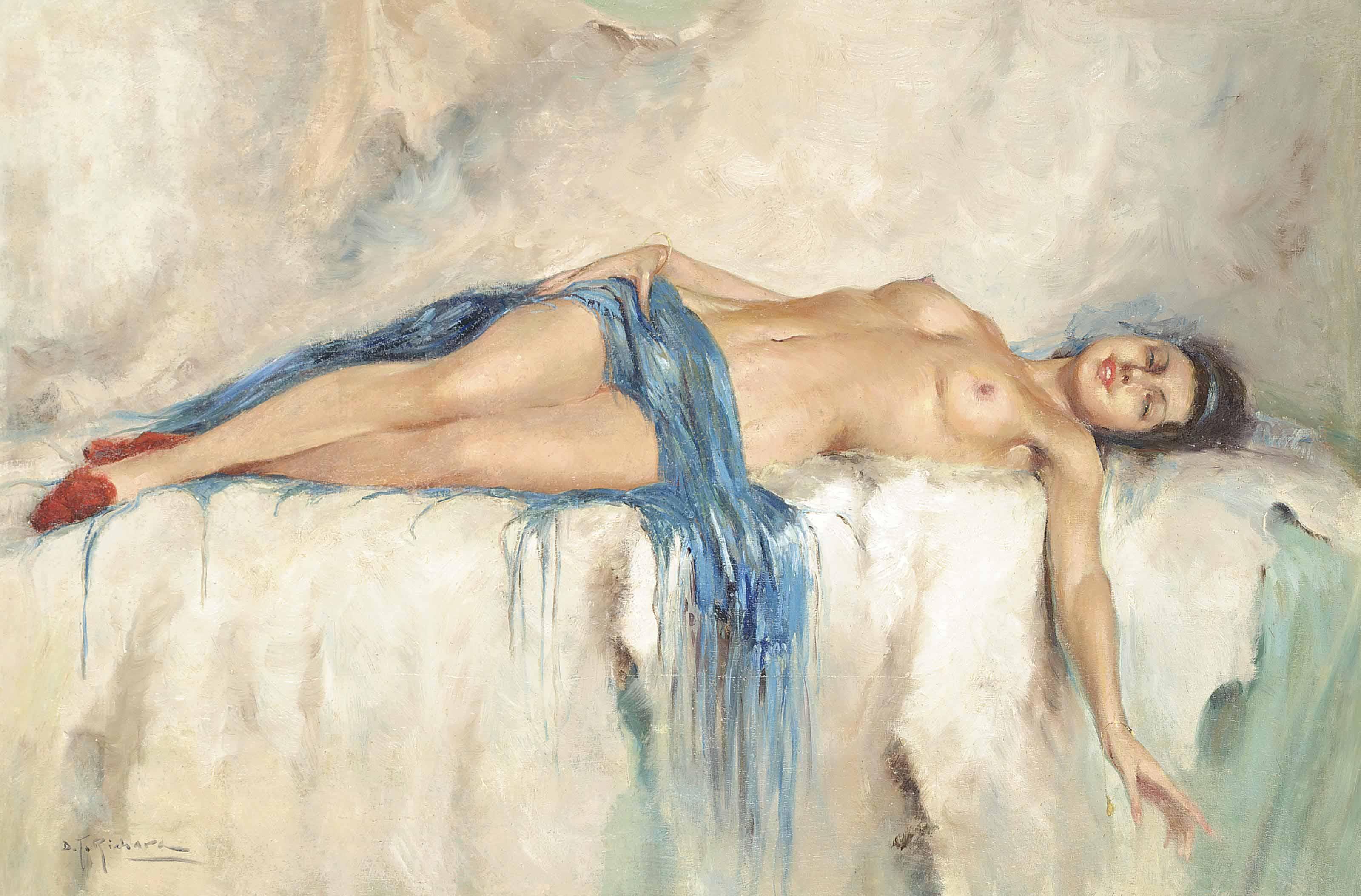Richard Durando-Togo - Reclining nude with a blue shawl