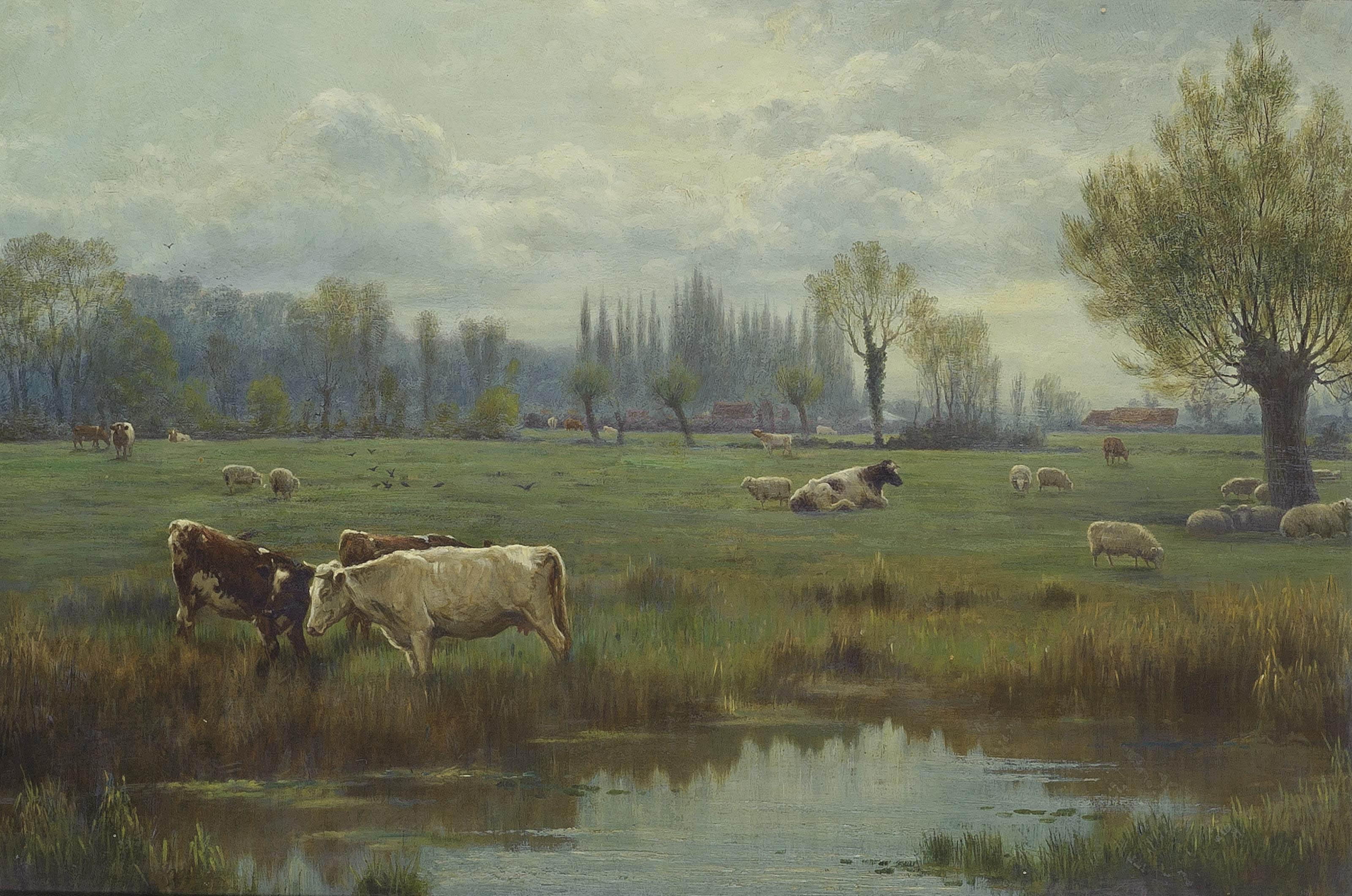 Richard E. Beavis - Cattle and sheep in a watermeadow