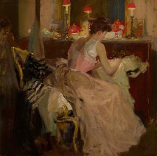 Richard Edward Miller - Sewing By Lamplight