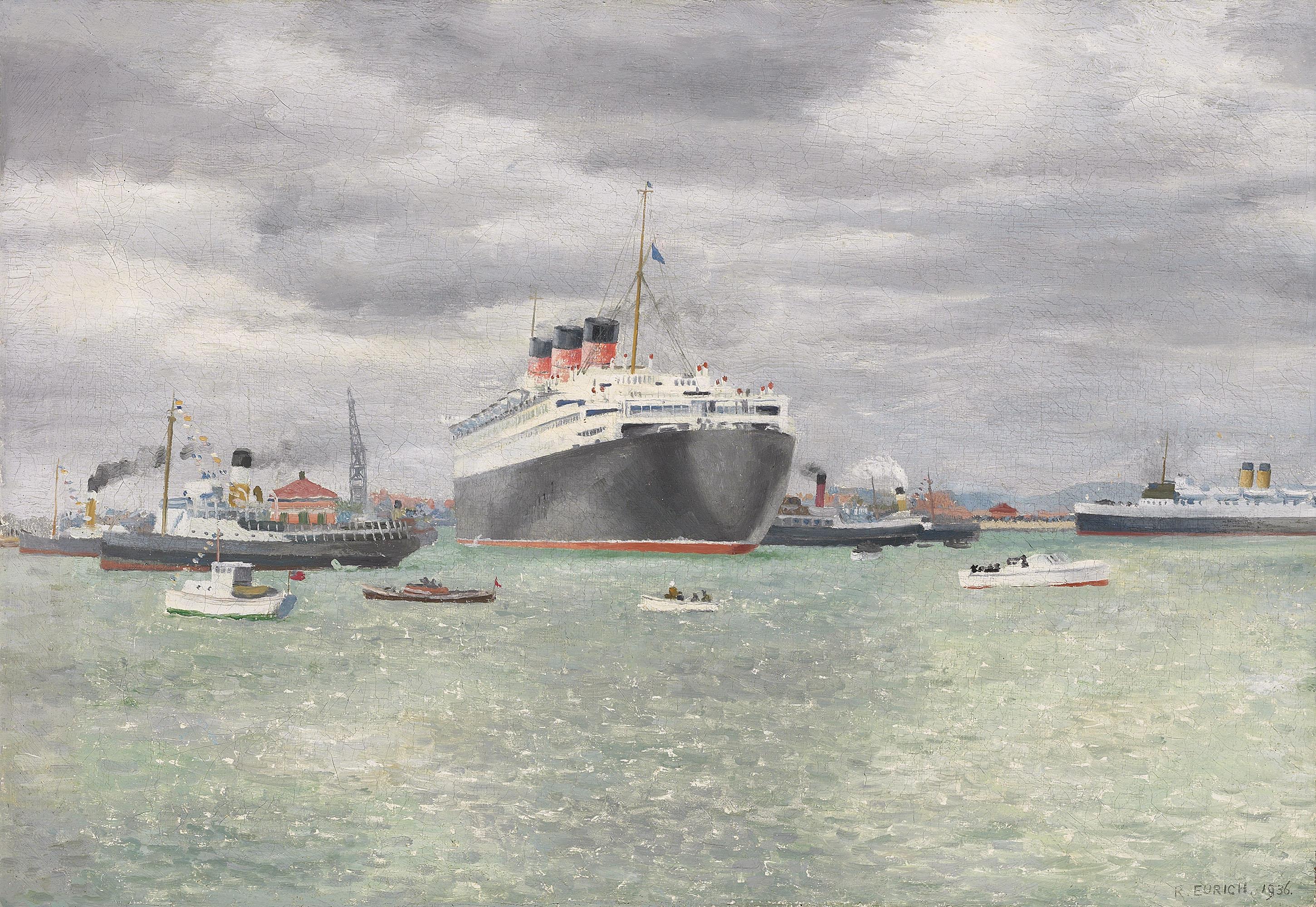 Richard Eurich, R.A. - Queen Mary, Going into Graving Dock