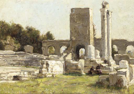 Richard Gay Somerset - A View Of The Roman Theatre At Arles With Figures Seated Amongst The Ruins