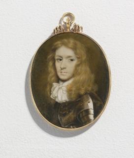 Richard Gibson - A young gentleman, in plate armour comprised of cuirass and spaulders secured with gilt rivets, elaborately tied white linen cravat, long curling fair hair