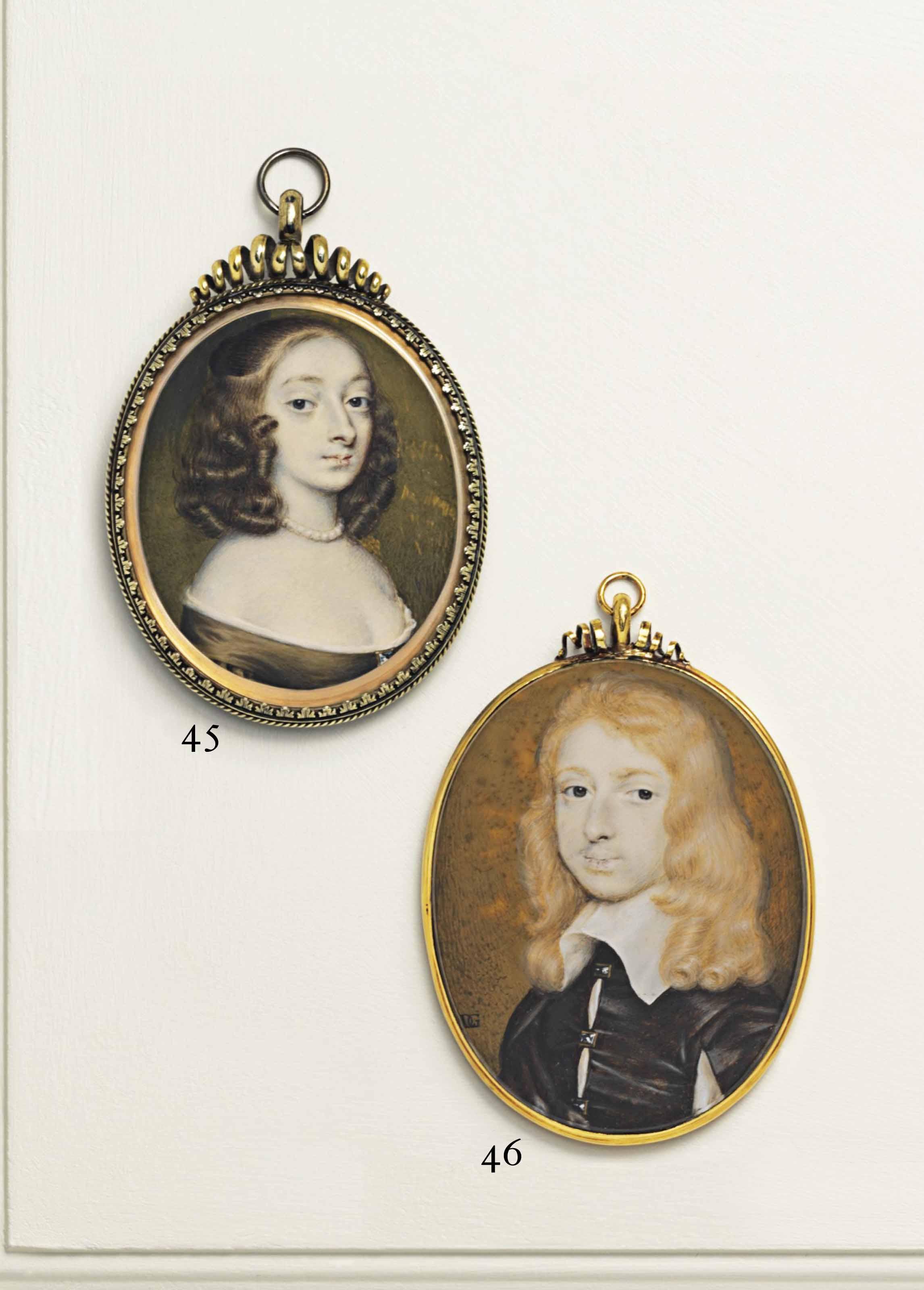 Richard Gibson - A Young Lady, In Off-The-Shoulder Gold Dress Over White Chemise, Pearl Necklace, Her Dark Hair In Ringlets