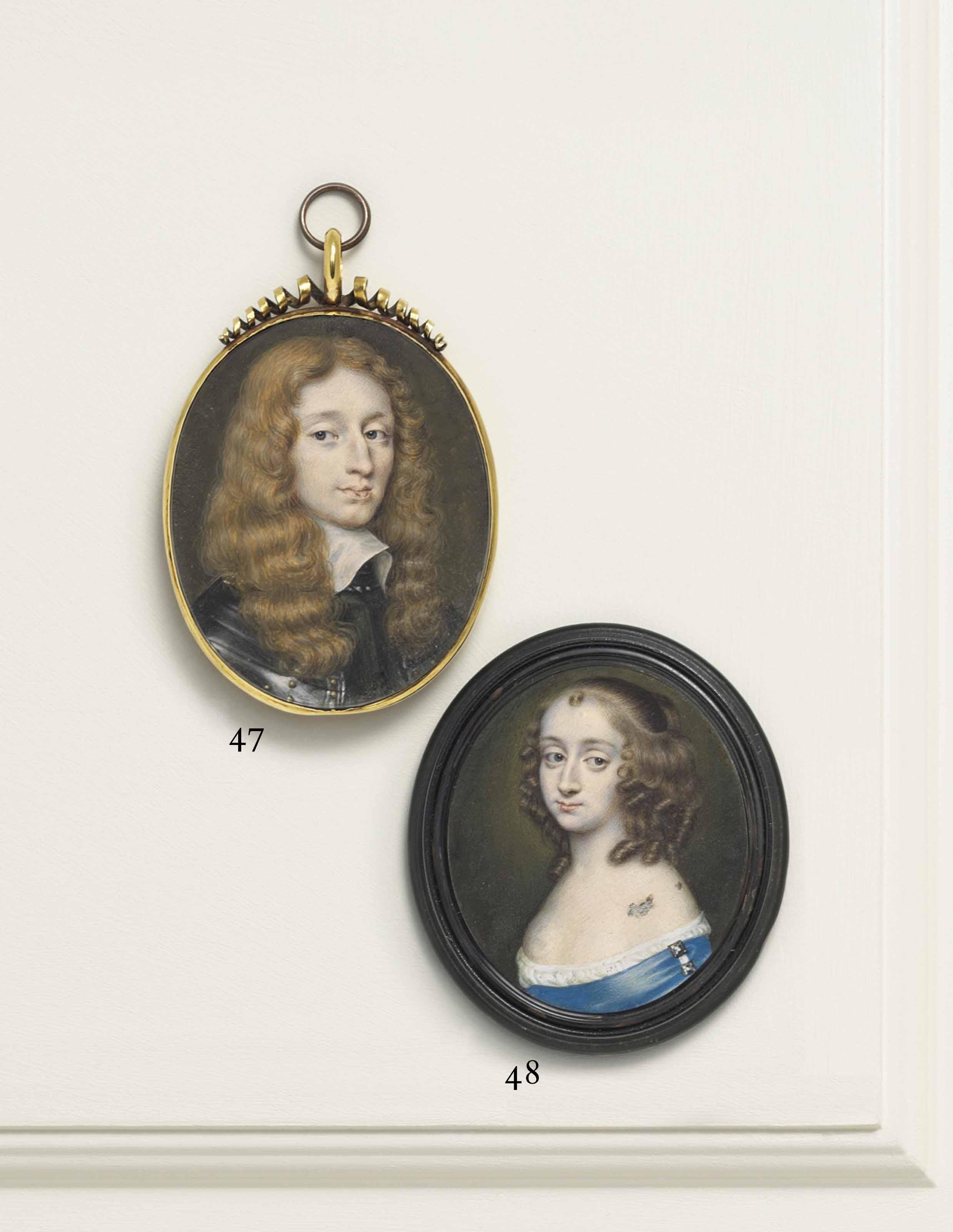 Richard Gibson - A Young Lady Previously Called Elizabeth Capell, Countess Of Carnarvon (1633-1678), In White Silk-Bordered Blue Dress With Jewelled Brooch At Shoulder, Upswept Curling Brown Hair