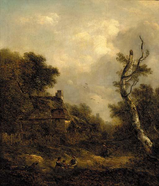Richard H. Hilder - Figures before a cottage in a wooded landscape