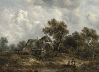 Richard H. Hilder - Figures on a track before a cottage