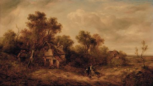 Richard H. Hilder - Figures on a track in a wooded landscape, a cottage beyond