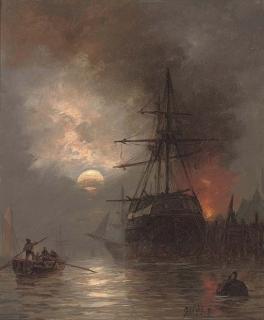 Richard Henry Nibbs - A trading brig in the harbour by moonlight (illustrated); and Barges on the foreshore at dusk