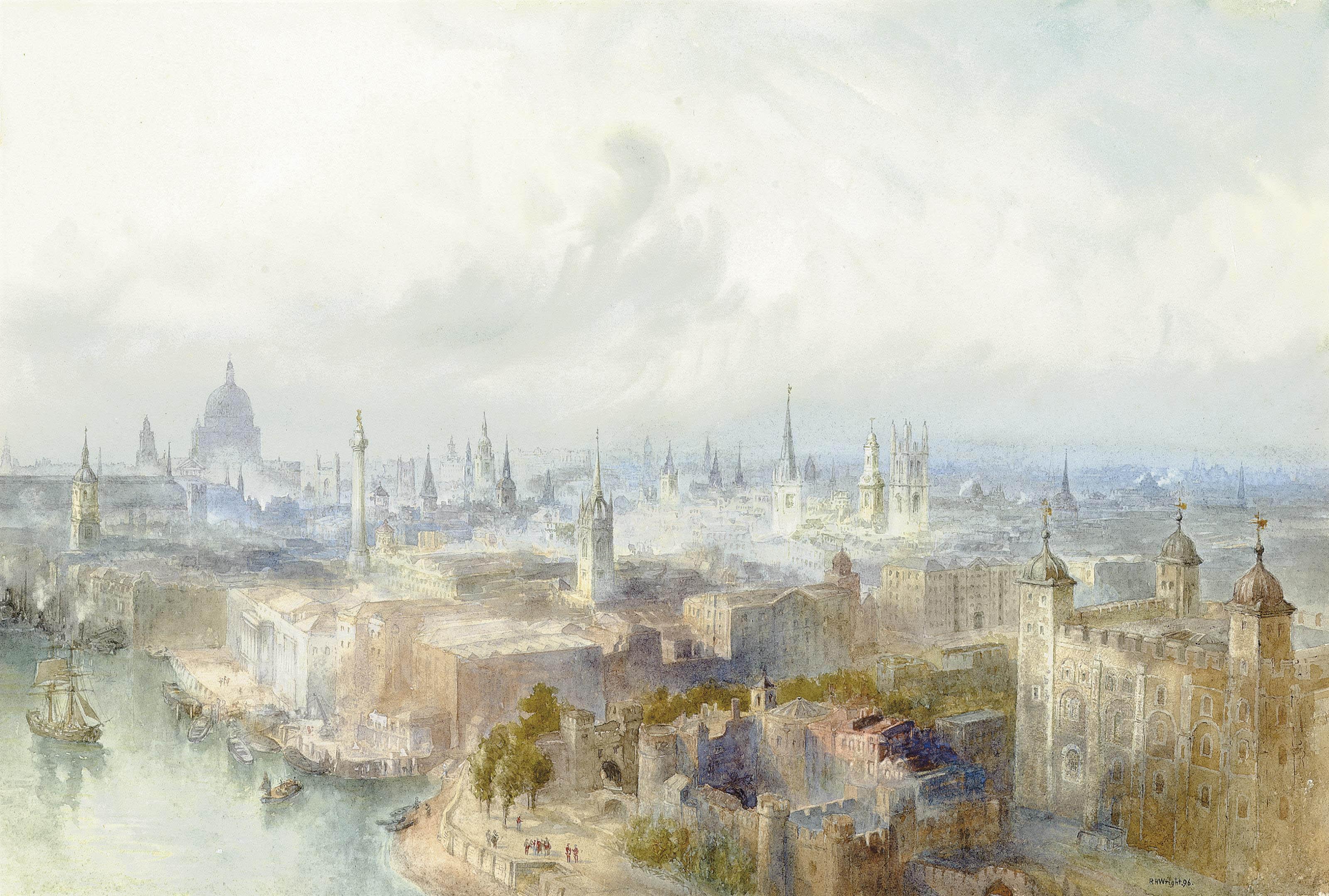 Richard Henry Wright - An extensive view of London observed from Tower Bridge looking towards St. Paul\'s Cathedral
