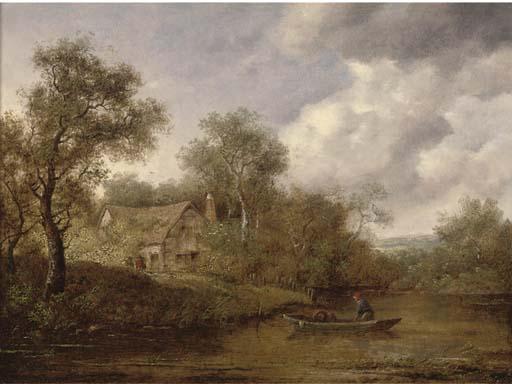 Richard Hilder - A Fisherman In A Rowing Boat On A River, A Cottage Beyond