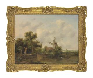 Richard Hilder - A river landscape with a man punting, a windmill beyond
