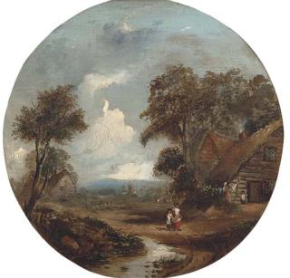 Richard Hilder - Figures Outside A Thatched Cottage, Children Playing Next To A Stream Nearby