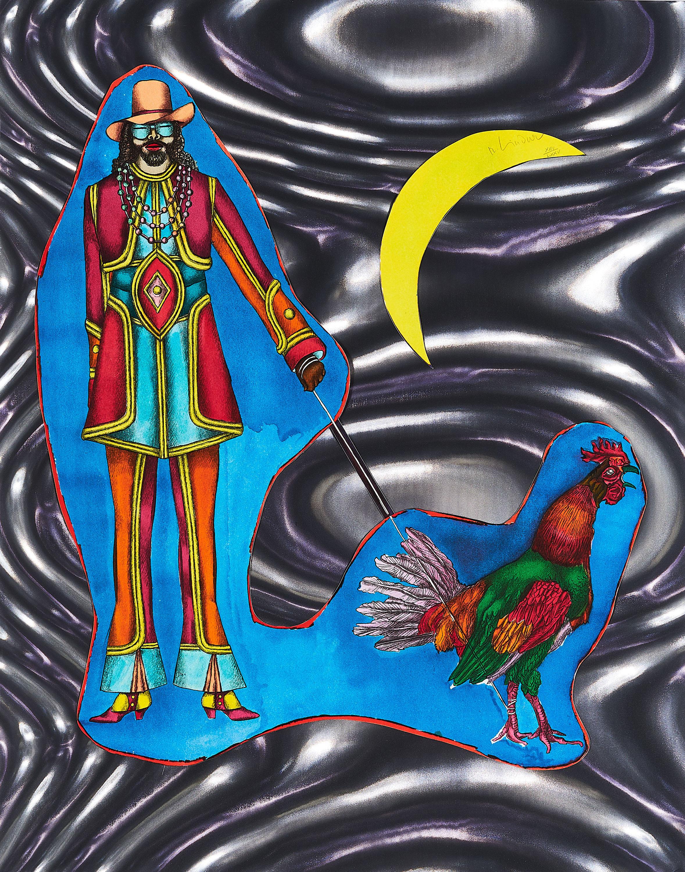Richard Lindner - Man Walking a Rooster By a Crescent Moon.