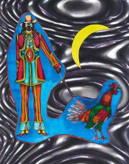 Richard Lindner - Man Walking a Rooster By a Crescent Moon.