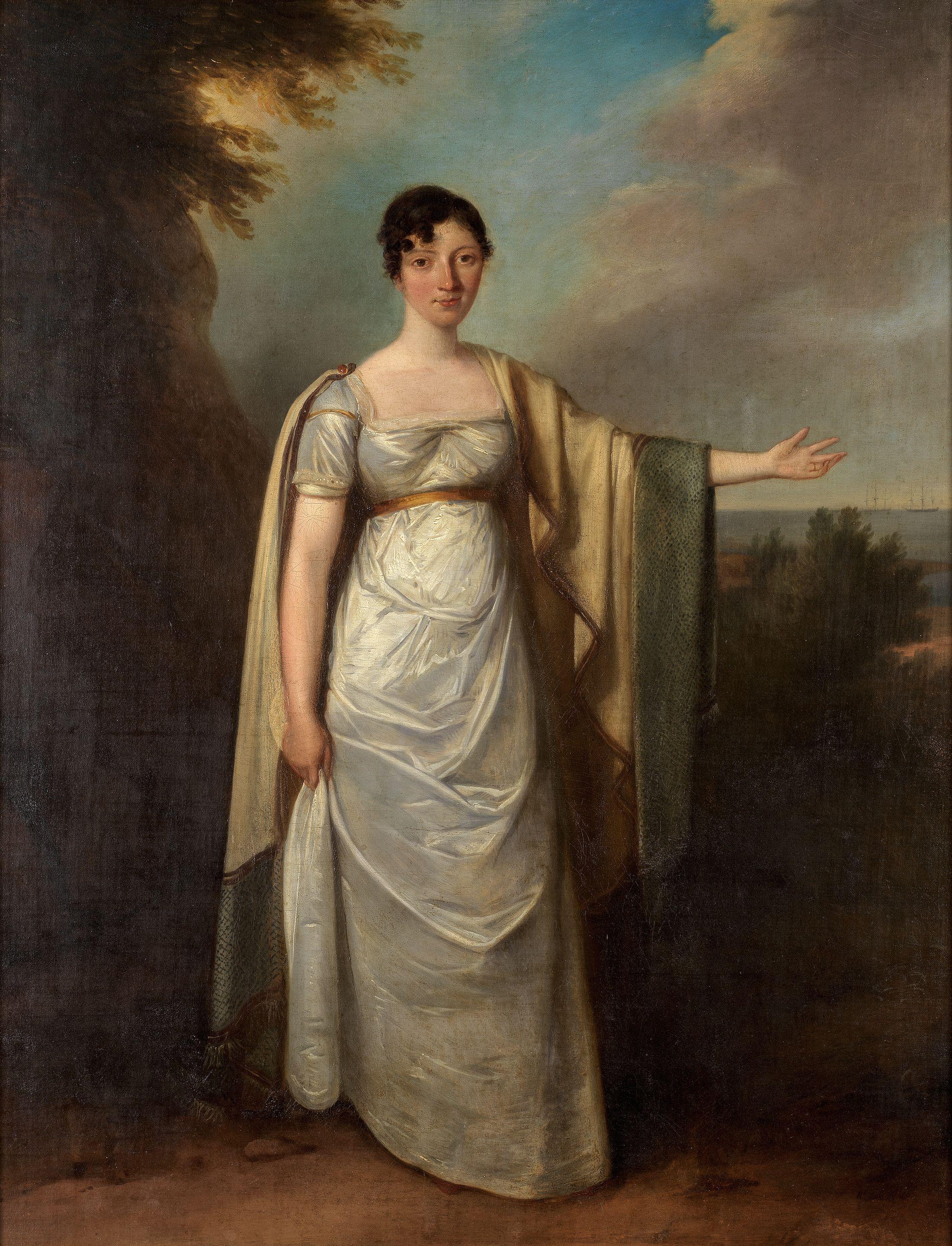 Richard Livesay - Portrait of a lady, full-length, wearing a white dress and pointing to ships out at sea