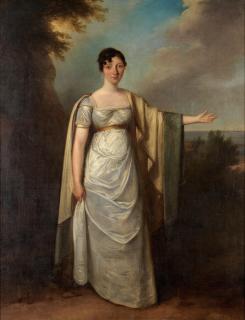 Richard Livesay - Portrait of a lady, full-length, wearing a white dress and pointing to ships out at sea