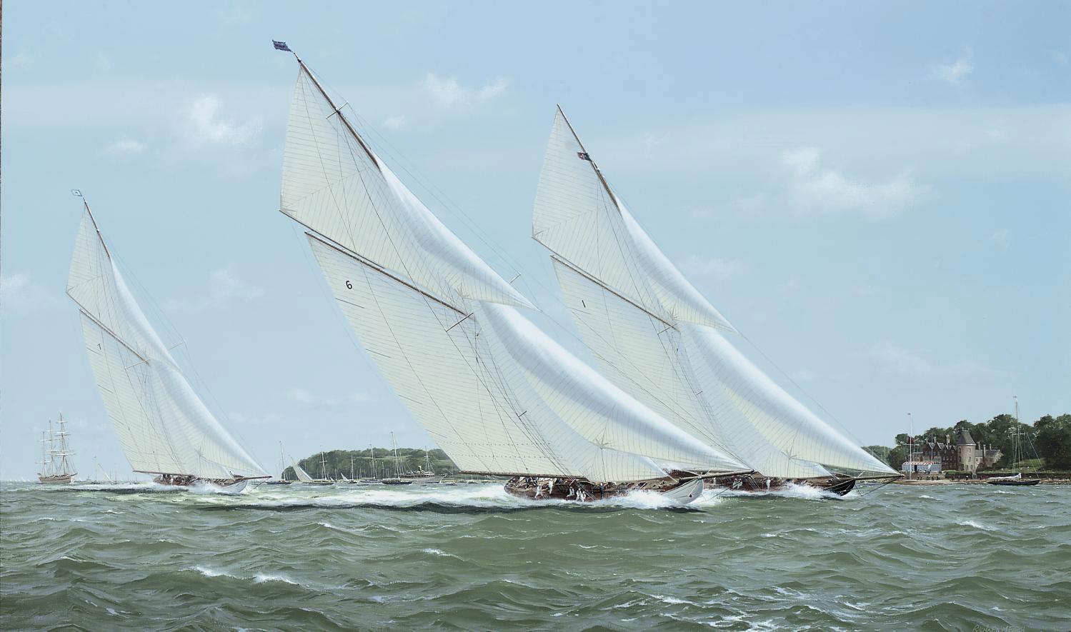 Richard M. Firth - Britannia and Lulworth powering to windward off the Royal Yacht Squadron, Cowes, with White Heather (II) trailing behind