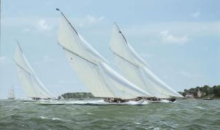 Richard M. Firth - Britannia and Lulworth powering to windward off the Royal Yacht Squadron, Cowes, with White Heather (II) trailing behind