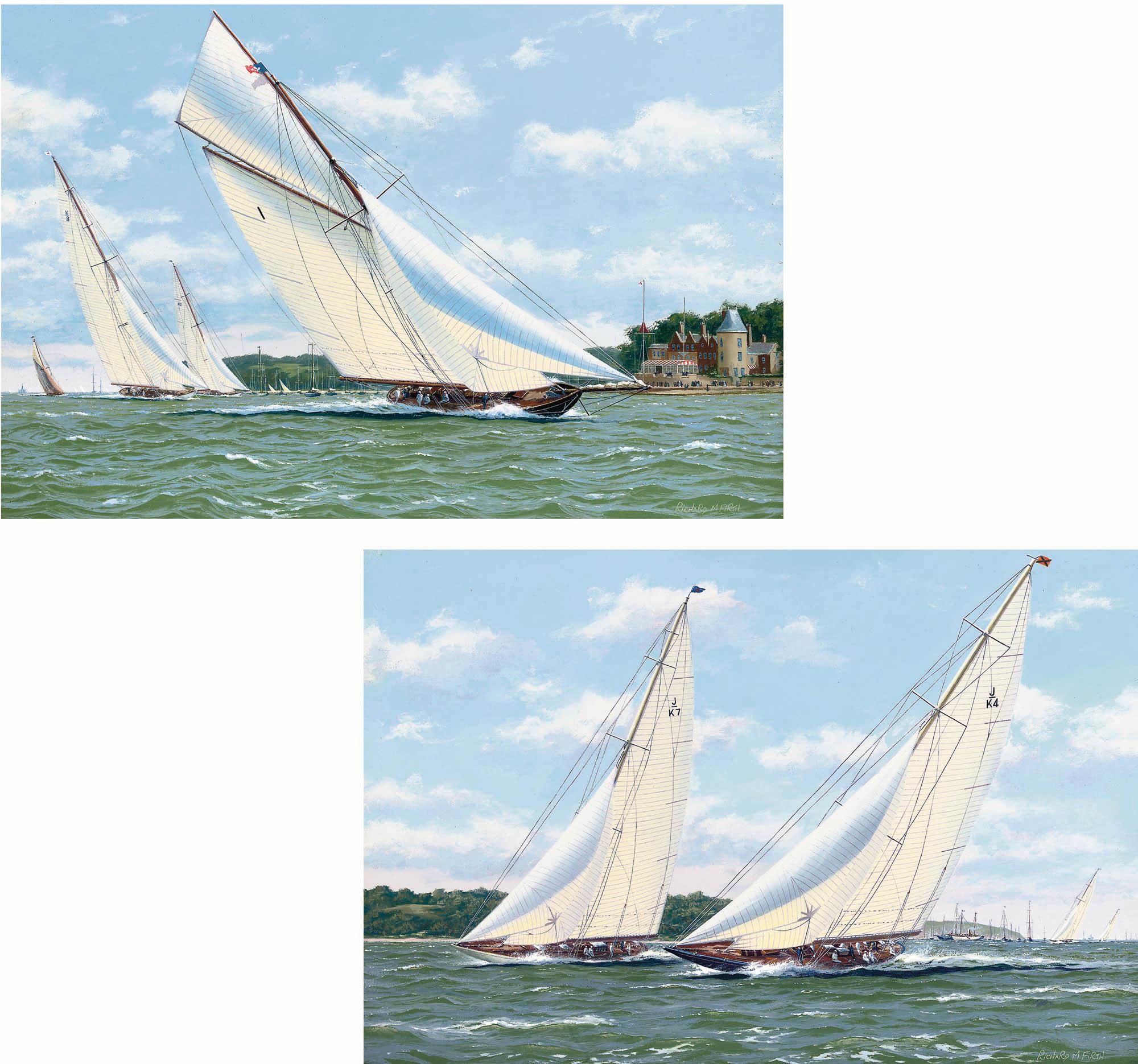 Richard M. Firth - Britannia leading Astra and Candida as they pass the Royal Yacht Squadron, 1928; and Endeavour (II) and Velsheda powering to windward in Osborne Bay (both illustrated)