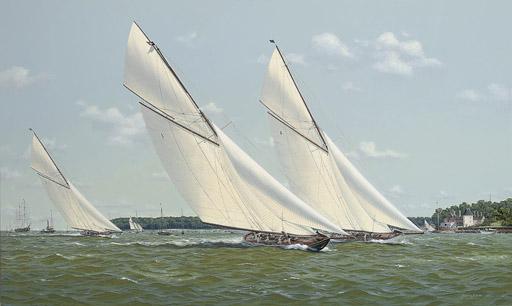 Richard M. Firth - Britannia, Lulworth and White Heather (II) powering across the line, Cowes, 1927