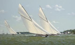 Richard M. Firth - Britannia, Lulworth and White Heather (II) powering across the line, Cowes, 1927