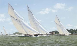Richard M. Firth - Terpischore, Nyria, Britannia and Moonbeam powering over the Royal Yacht Squadron\'s starting line, 1923