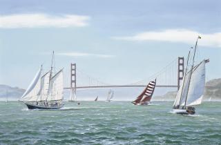 Richard M. Firth - The Great San Francisco Schooner Race: Brigadoon, Kaiulani, Aldebaran, Yankee and Condessa Del Mar running before the Golden Gate Bridge