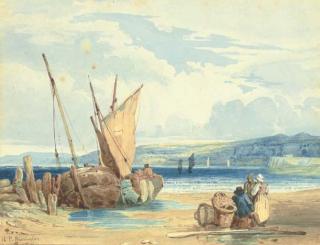 Richard Parkes Bonington - A Coastal Landscape At Low Tide With Fisherfolk And Beached Vessels