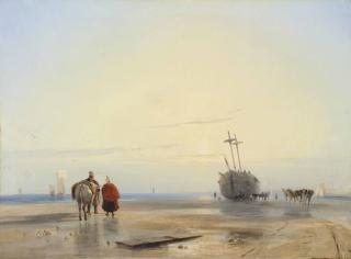 Richard Parkes Bonington - A coastal landscape with fisherfolk, a beached boat beyond