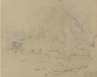 Richard Parkes Bonington - A river landscape with a bridge