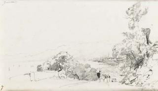 Richard Parkes Bonington - Figures on a path on the Ligurian coast, Genoa in the distance