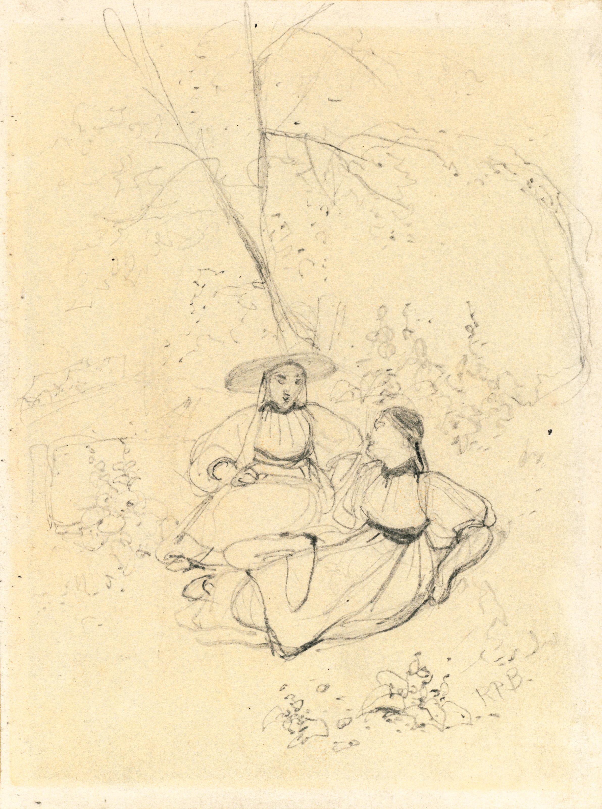 Richard Parkes Bonington - Two Swiss girls seated near trees; and A page arming a knight
