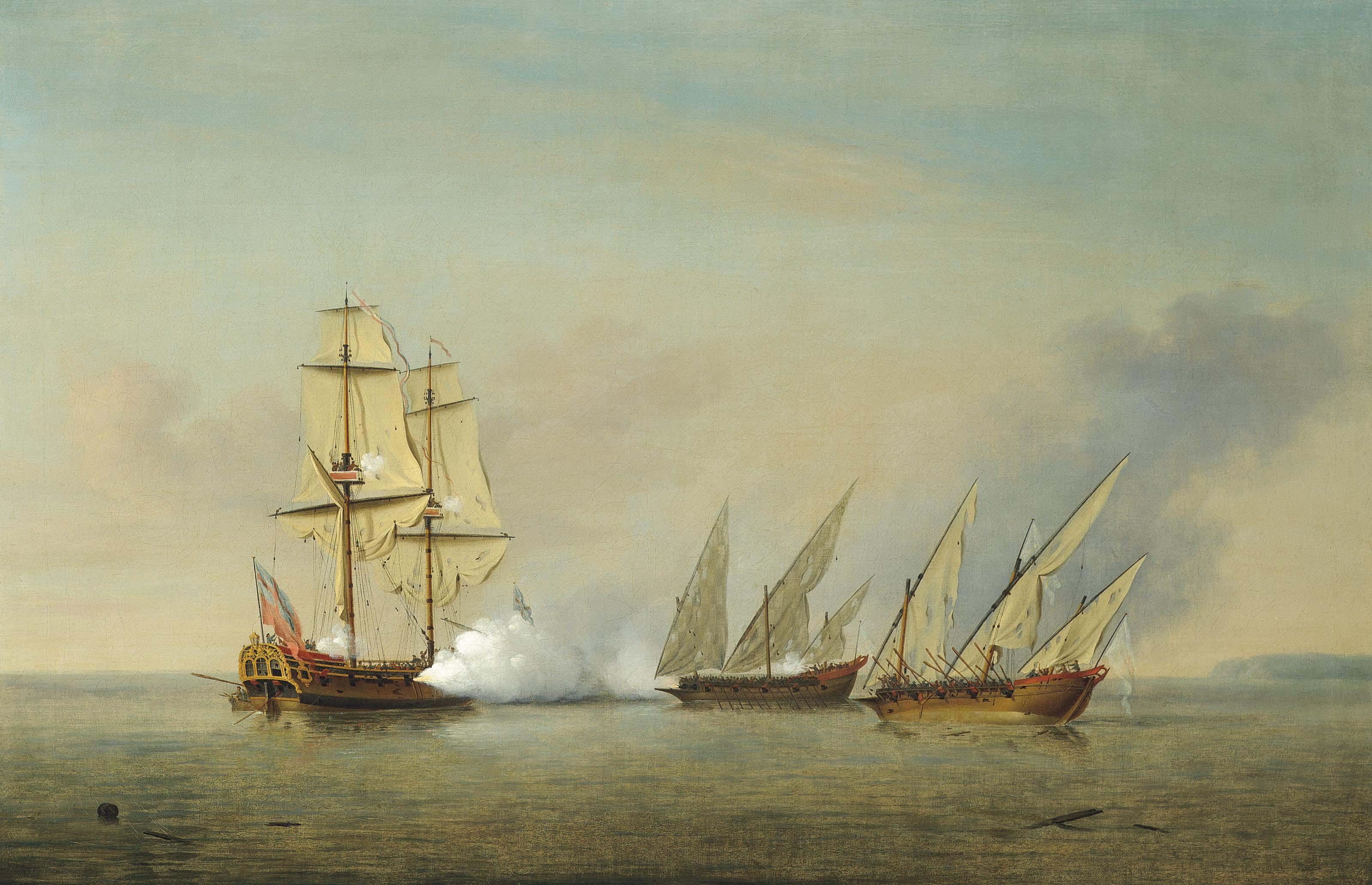 Richard Paton - A Royal Navy Sloop, Most Probably H.M.S. Greyhound, In Action With Two Heavily-Armed Spanish Galleys