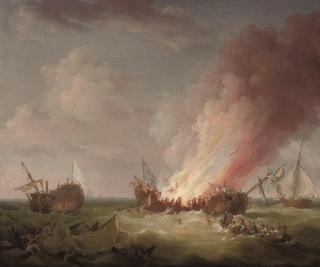 Richard Paton - H.M.S. Quebec ablaze at the end of her epic struggle with the French frigate Surveillante, 6th October 1779