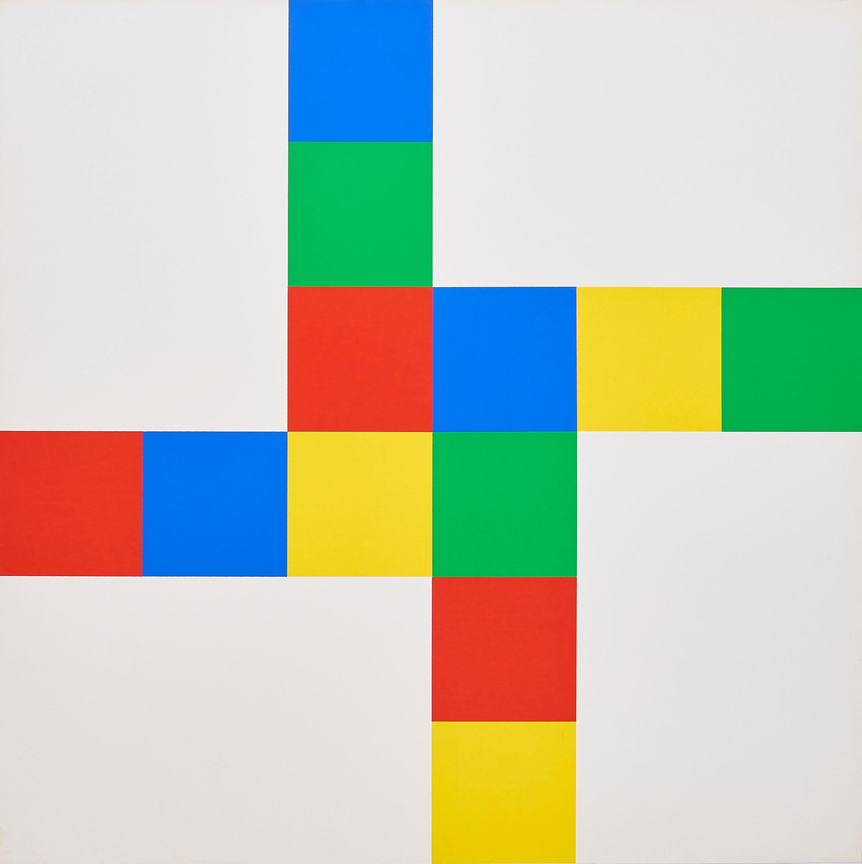 Richard Paul Lohse - 2 + 2 gleiche verschränkte Farbrhythmen an vier weissen Feldern (rot).