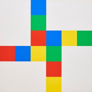 Richard Paul Lohse - 2 + 2 gleiche verschränkte Farbrhythmen an vier weissen Feldern (rot).